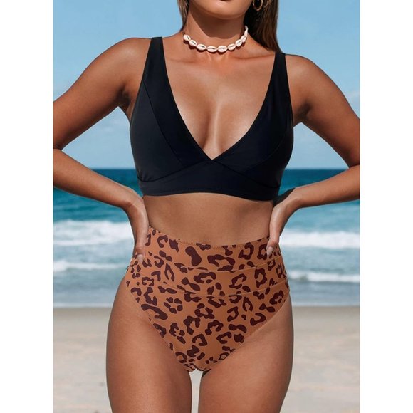 2 Piece Women's Leopard V Neck High Waisted Bathing Suits - Picture 2 of 4